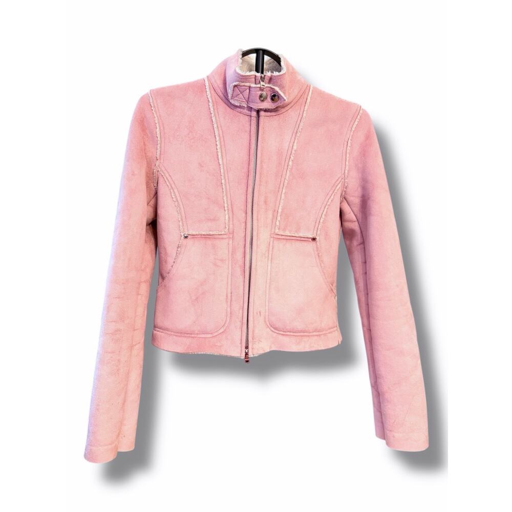 Pink Faux Suede Sherpa Jacket Y2K Cropped Moto Bebe Size Small